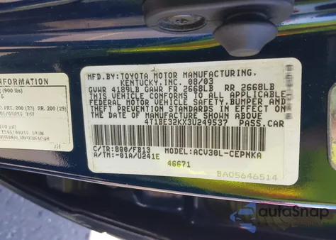 2003 Toyota Camry Le from USA, damaged, VIN 4T1BE32KX3U249537